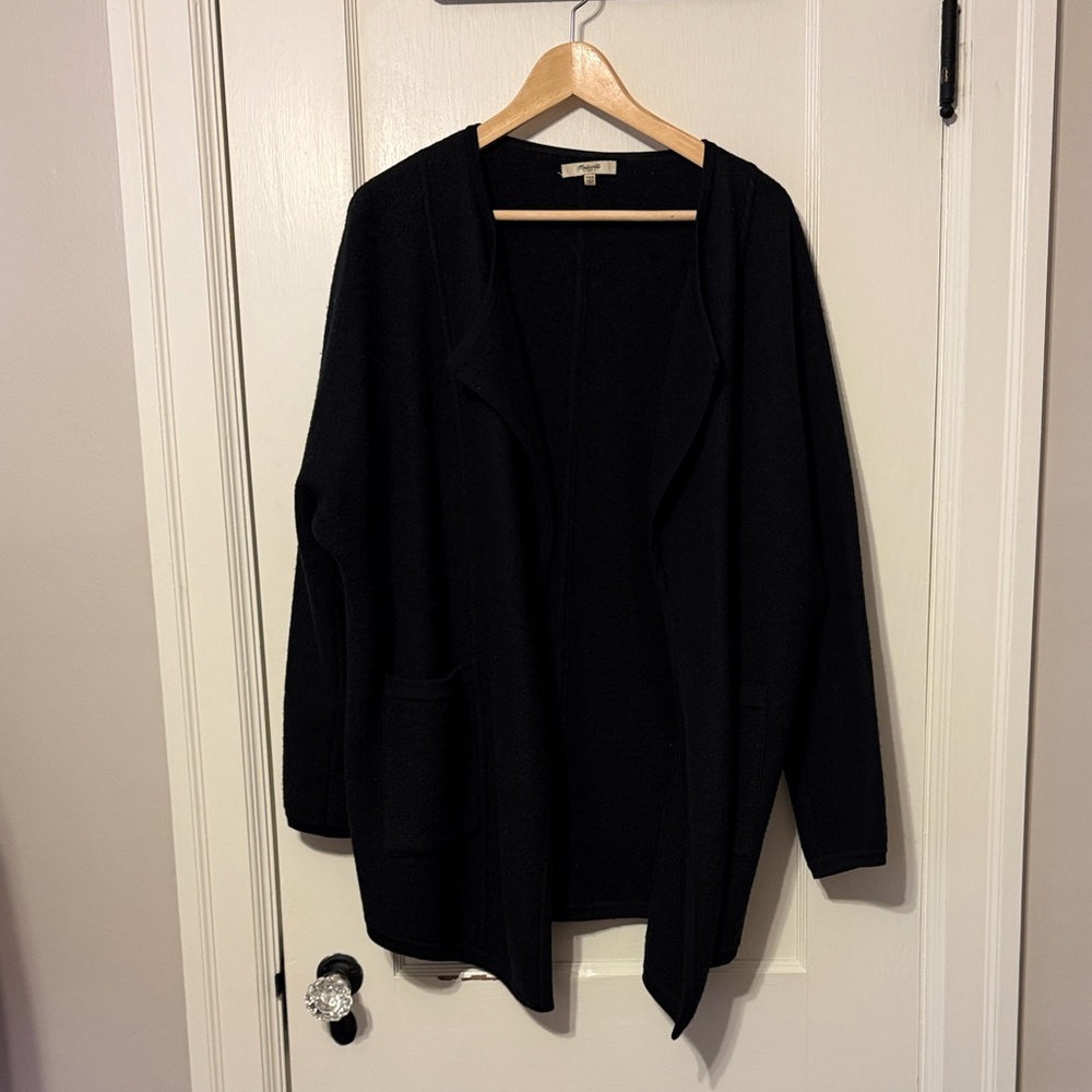 100% Merino Wool Black Open Front Cardigan/Jacket Slouchy, Boxy Cut